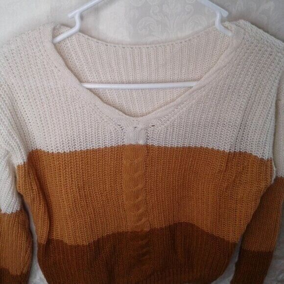 Tween Girls Colorblock Drop Shoulder Cable V-Neck Knit Sweater Size 11-12Y Earth - Picture 2 of 8